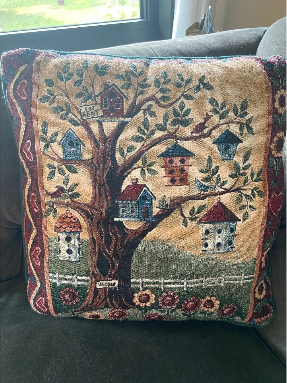 Birdhouse tapestry cottagecore whimsical shabby chic granny throw pillow